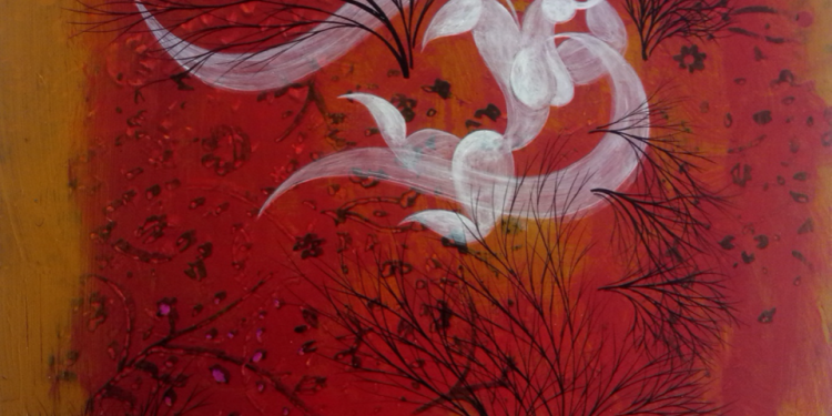 " در باغ"، از مجموعه ی ۲۰۲۰، آکريليک روی مقوا، ۲۹ در ۲۹ سانتيمتر، تهران، ۱۳۹۹