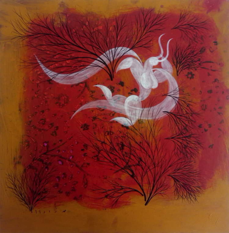 " در باغ"، از مجموعه ی ۲۰۲۰، آکريليک روی مقوا، ۲۹ در ۲۹ سانتيمتر، تهران، ۱۳۹۹