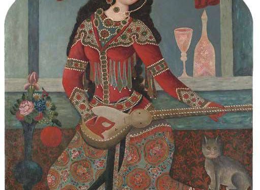 زن قاجاری در حال نواختن ساز-قرن 19 میلادی